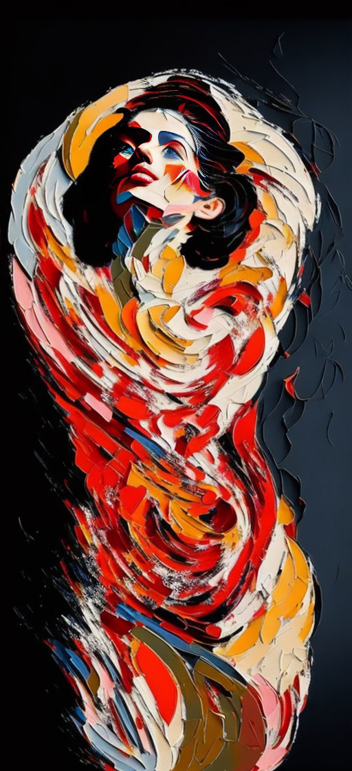 Dynamic abstract artwork featuring woman in red, white, and black swirls