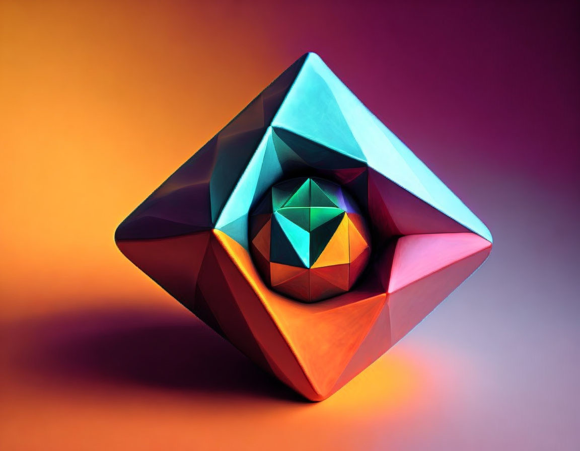 Vibrant Geometric Sculpture with Purple to Orange Lighting Gradient