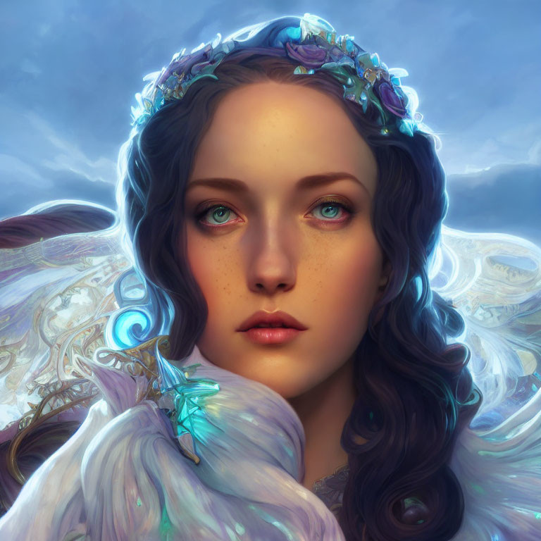 Portrait of woman with floral crown, blue eyes, white cloak, and luminous butterfly