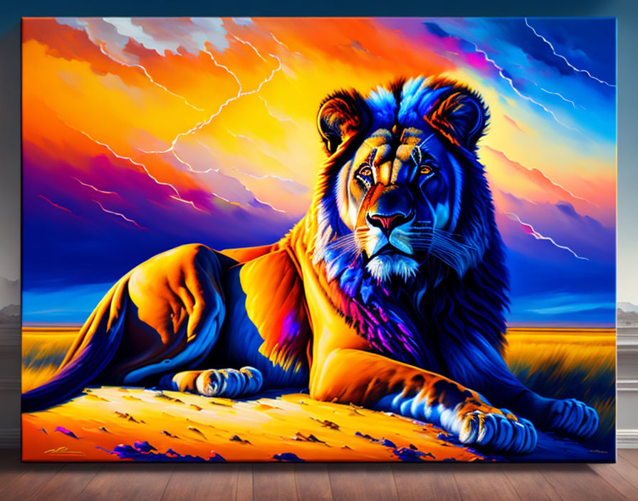 Majestic lion in vibrant digital art with dramatic sunset backdrop