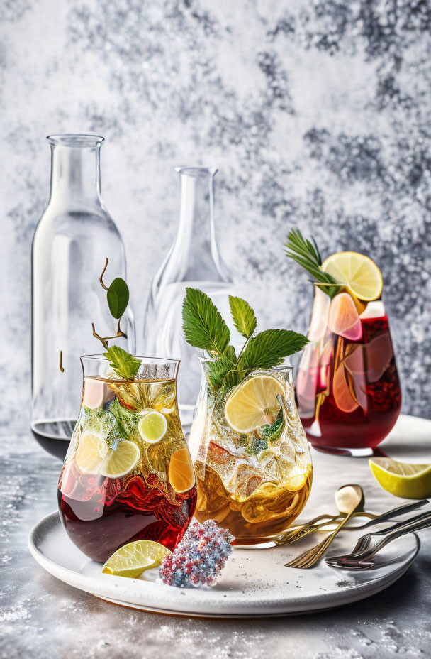 Colorful Beverages in Carafes with Mint and Citrus Slices on Tray