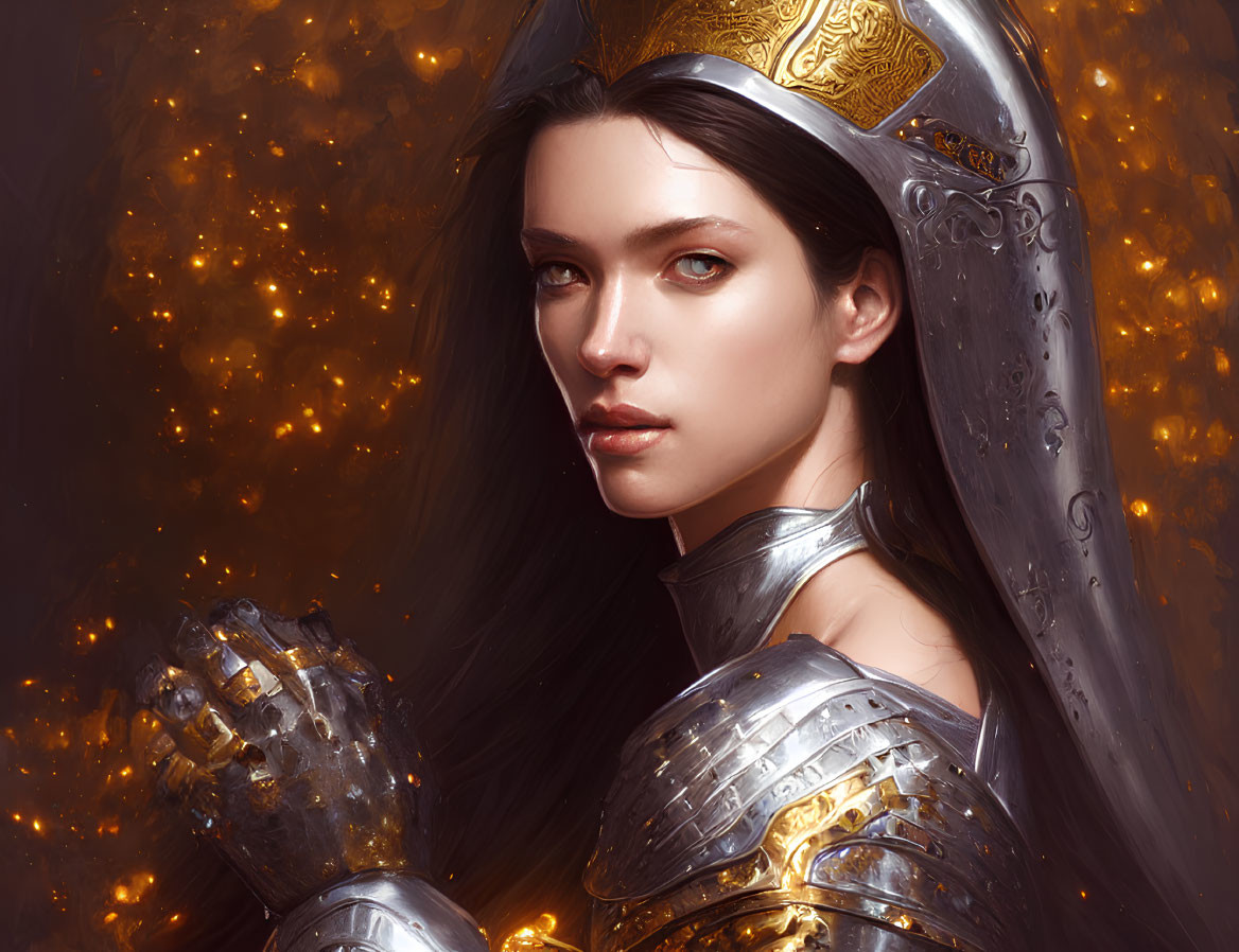 Dark-haired woman in medieval armor with gold accents on warm bokeh backdrop