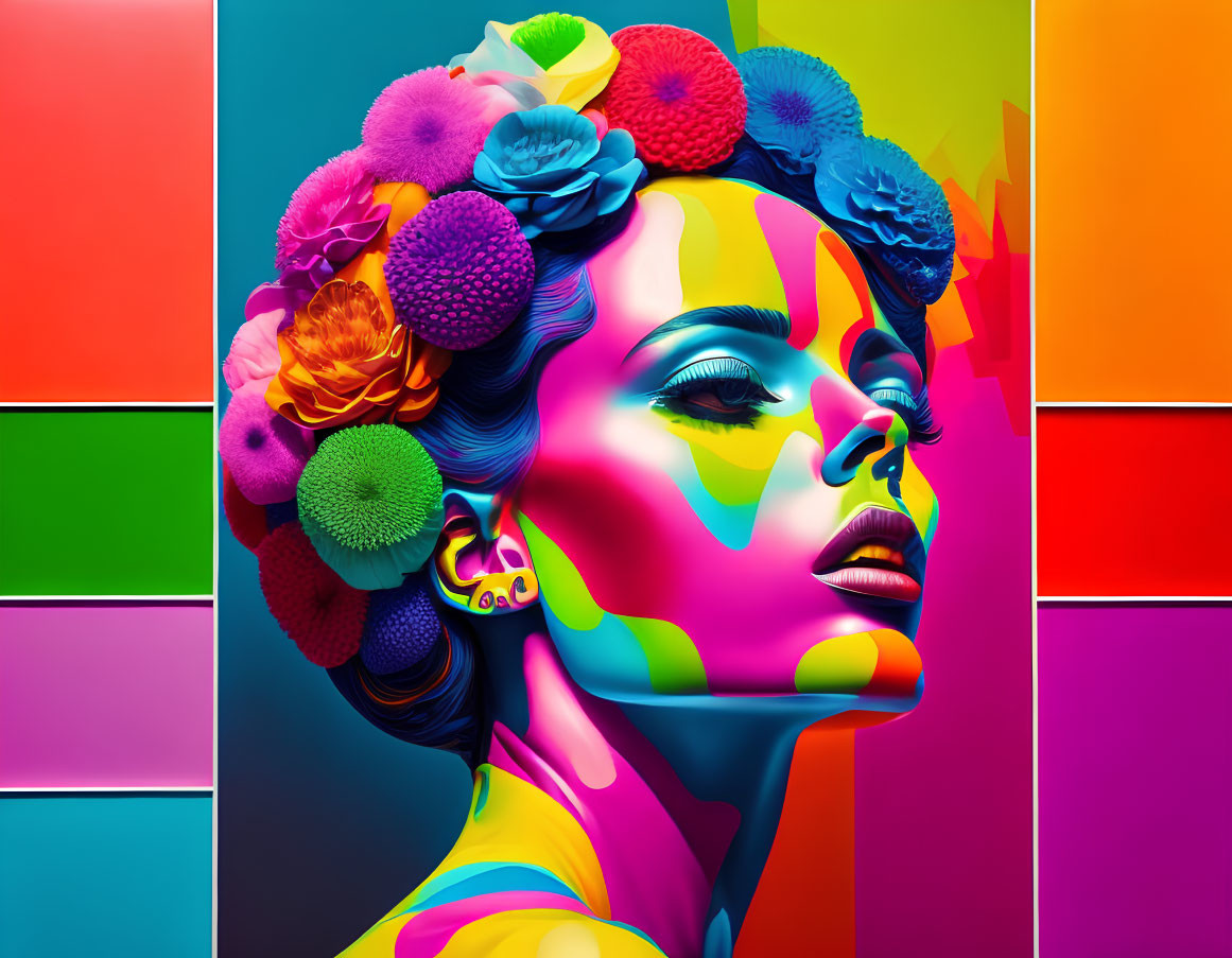 Vibrant digital artwork of a woman with colorful makeup and floral hair on multicolored backdrop