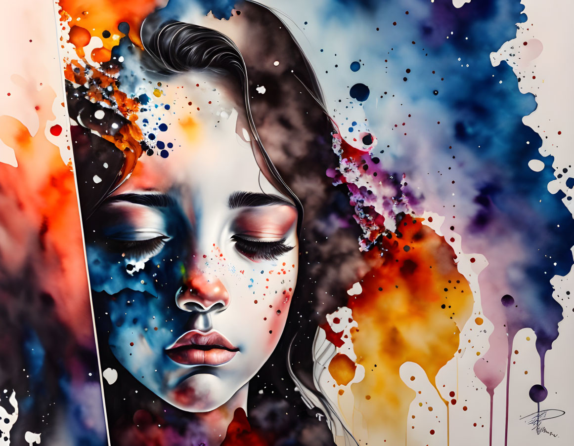 Colorful Artwork: Woman's Face in Dreamlike Splattering Inks