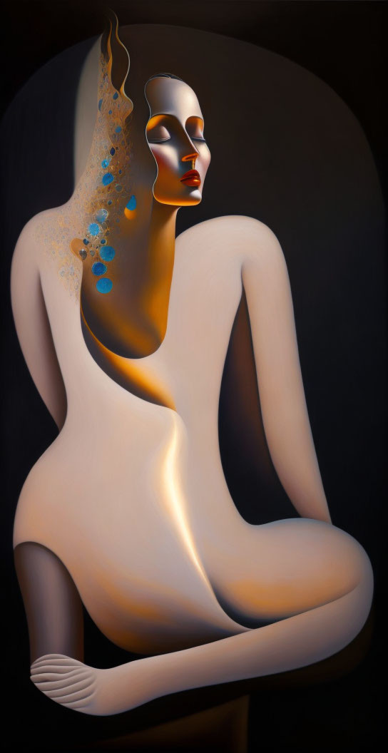 Surreal painting of seated figure with gold accents on dark background