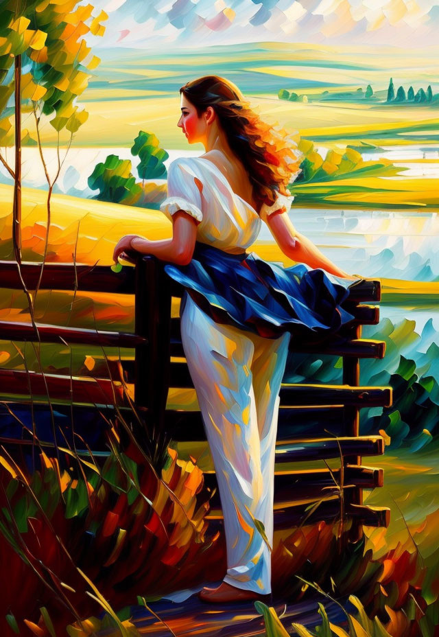 Woman in White and Blue Outfit Gazes at Colorful Sunset Landscape