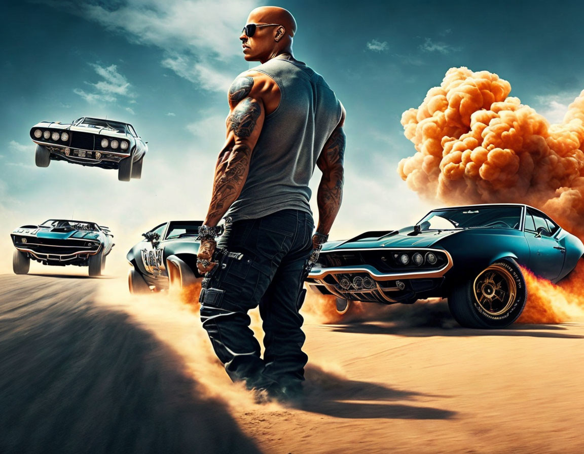 Muscular Person Poses with Racing Cars and Explosive Background