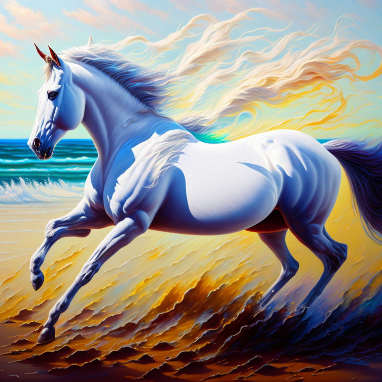 White unicorn galloping on beach under blue skies