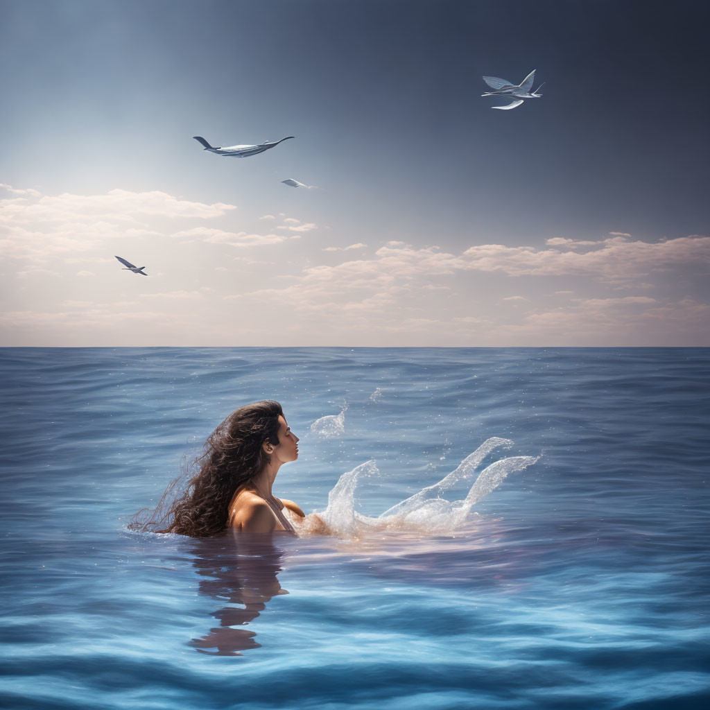 Dark Curly-Haired Woman Standing in Calm Ocean with Birds and Cloudy Horizon