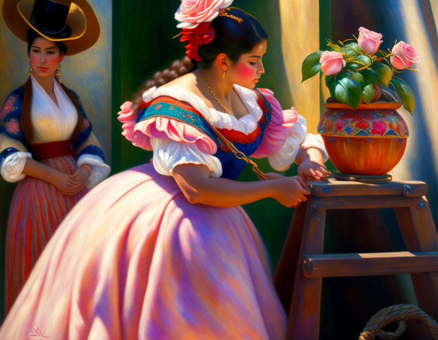 Two women in traditional dresses arranging roses in vintage setting.