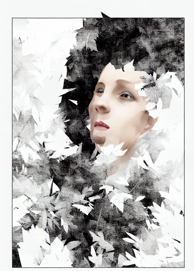 Abstract artwork: Woman's face in black and white chaos.