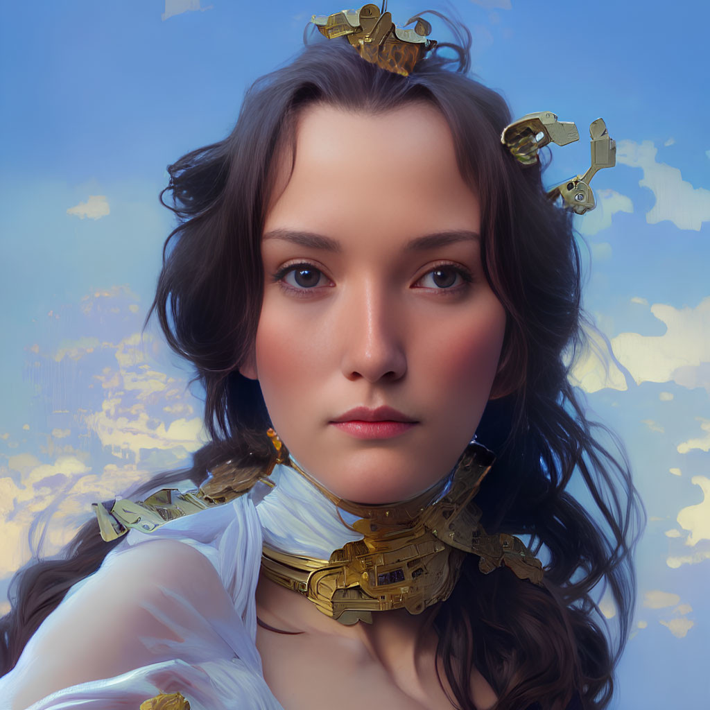 Digital artwork: Woman with brown hair, steampunk neckpiece, cloudy sky.