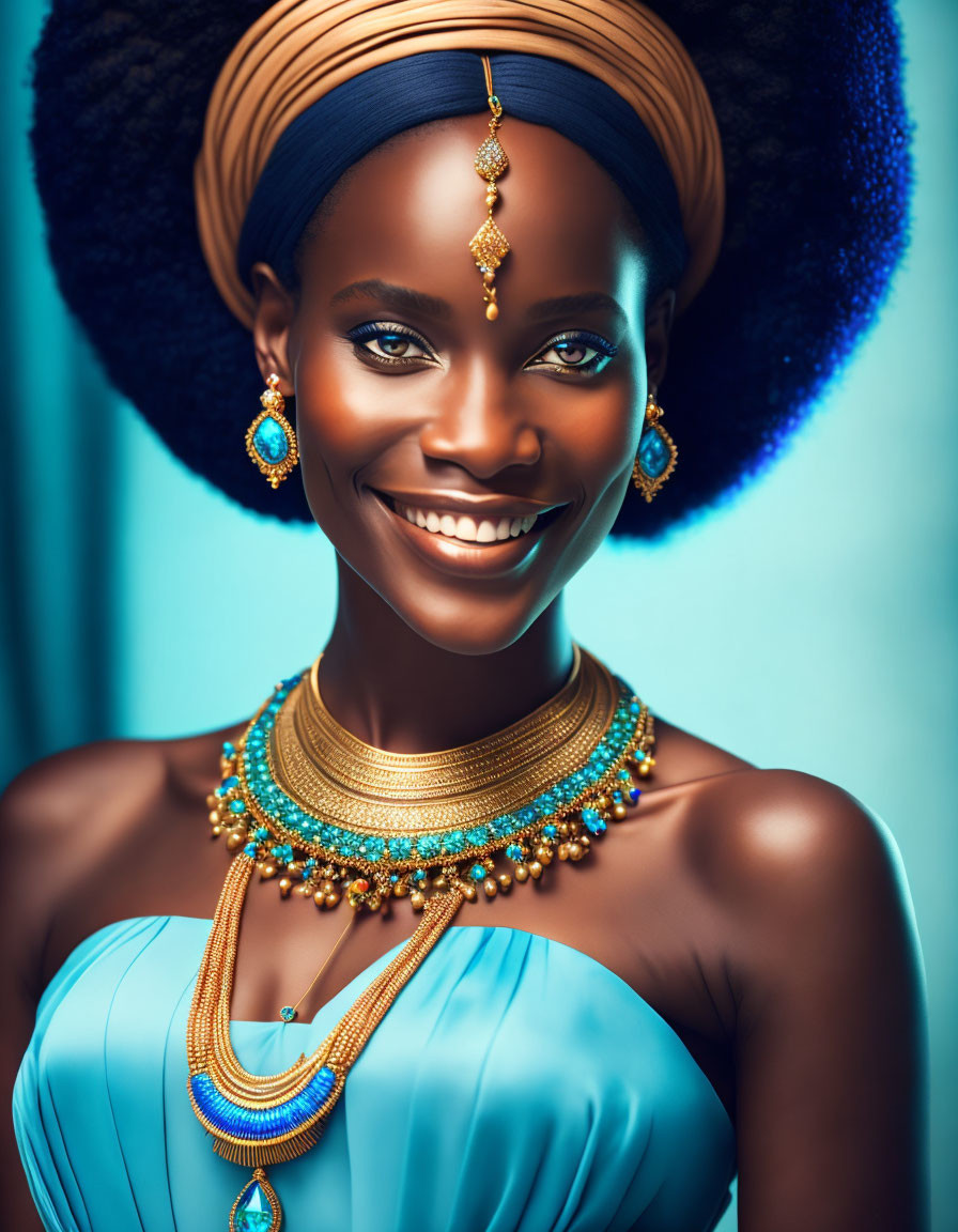 Radiant woman in blue off-shoulder dress with gold and turquoise jewelry against blue backdrop