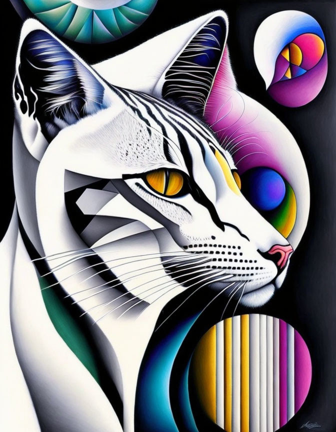 Colorful Surrealist Artwork Featuring Geometric Cat and Abstract Patterns