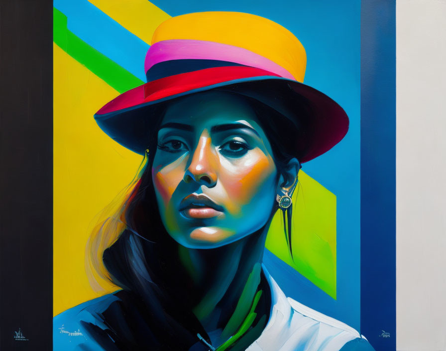 Vibrant portrait of a woman with rainbow hat and stylized lighting