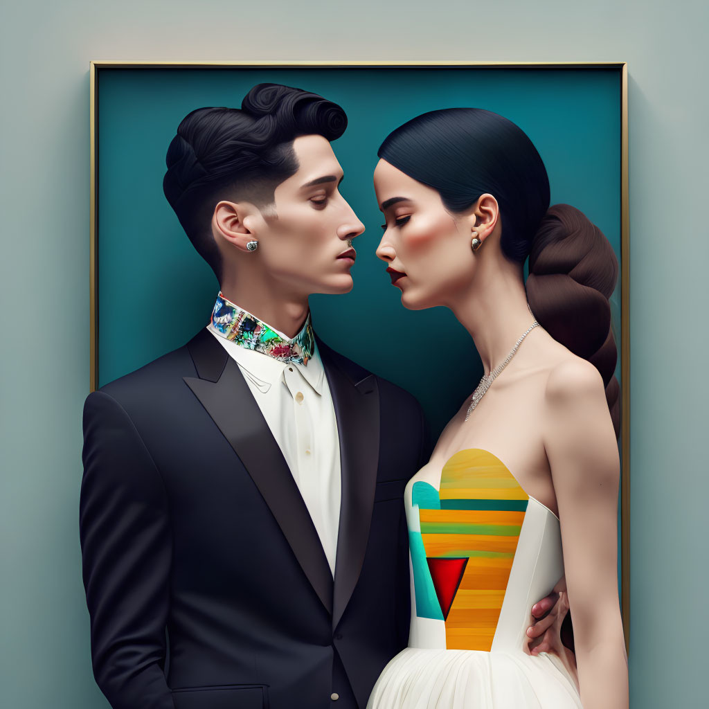 Stylized portrait of man and woman in formal wear with sleek hairstyles on teal background