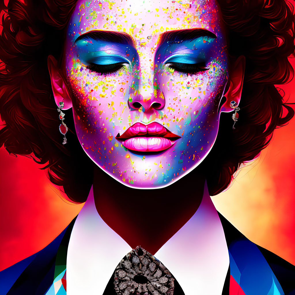 Colorful digital portrait of a woman with galaxy makeup and curly hair on red background