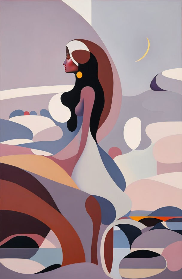 Abstract woman with flowing hair gazing at crescent moon in pastel landscape