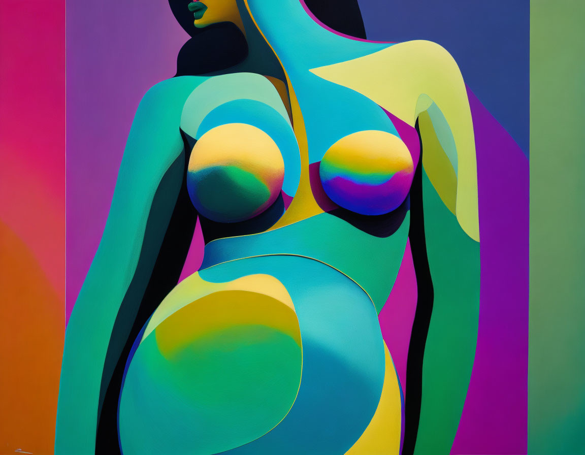 Vibrant abstract art: fluid shapes of female form on multicolored backdrop