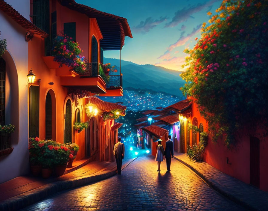 Couple walking on cobblestone street at dusk among colorful buildings