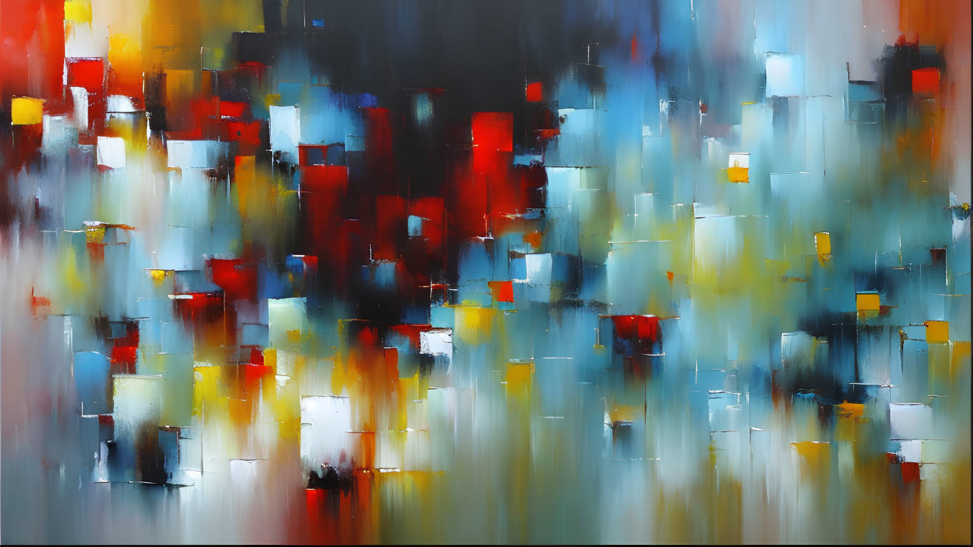 Vibrant abstract painting with red, blue, yellow, and white brushstrokes