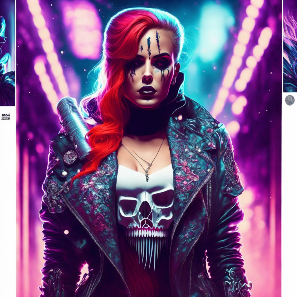 Stylized cyberpunk artwork of a woman with red hair and skull necklace