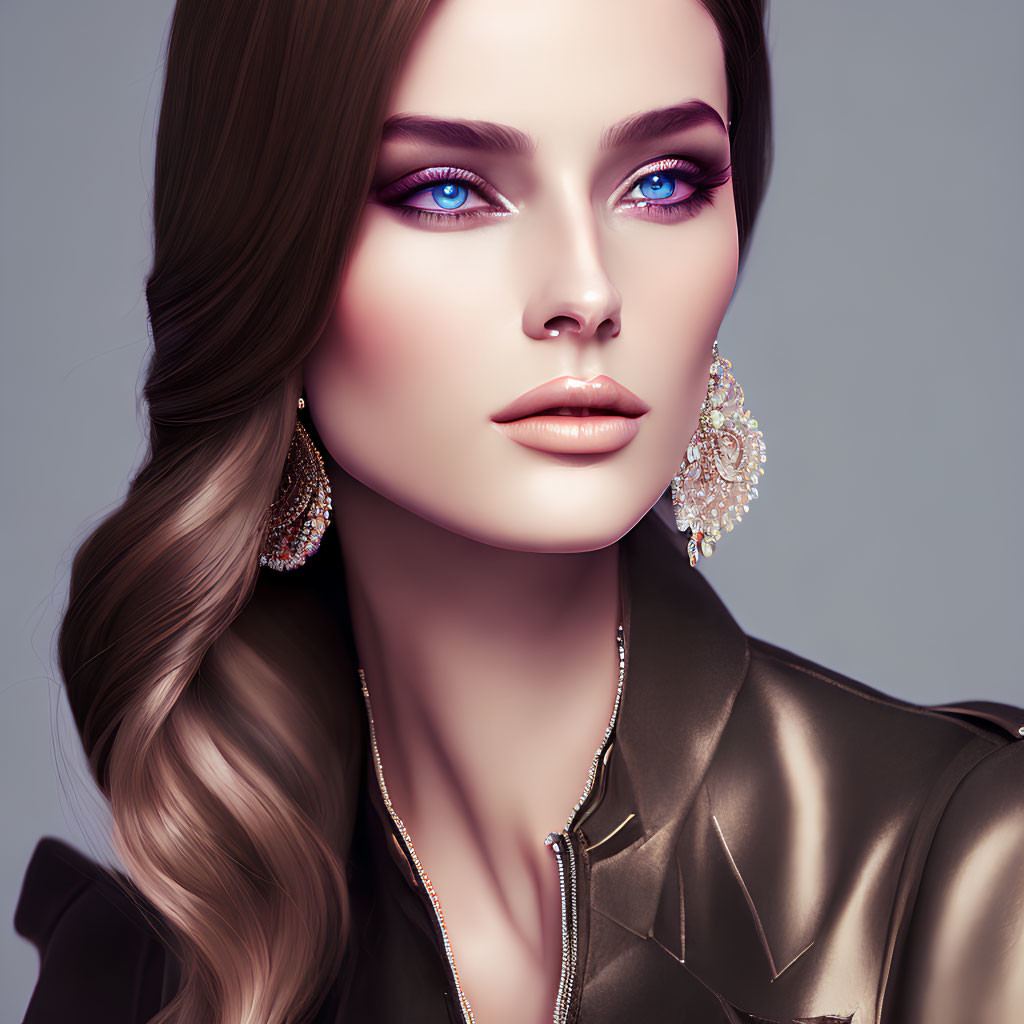 Female portrait with blue eyes, wavy hair, ornate earrings, and leather jacket