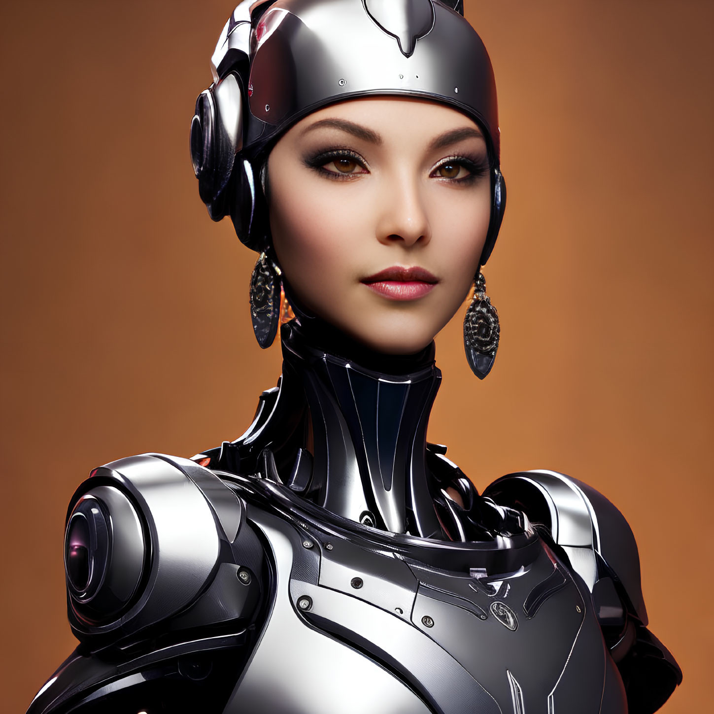 Detailed Female Android with Metallic Exoskeleton on Orange Background