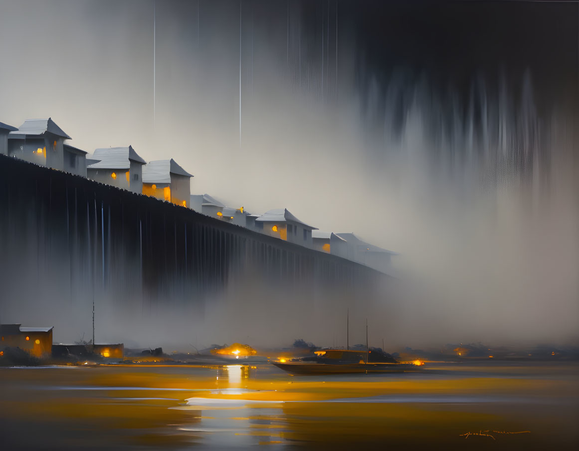 Large Dam Painting with Cascading Water and Warm Lights