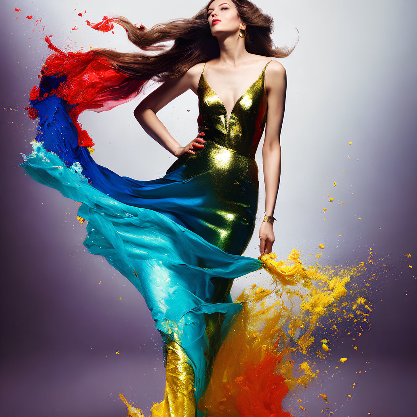 Colorful metallic dress woman with red, blue, and yellow paint splashes