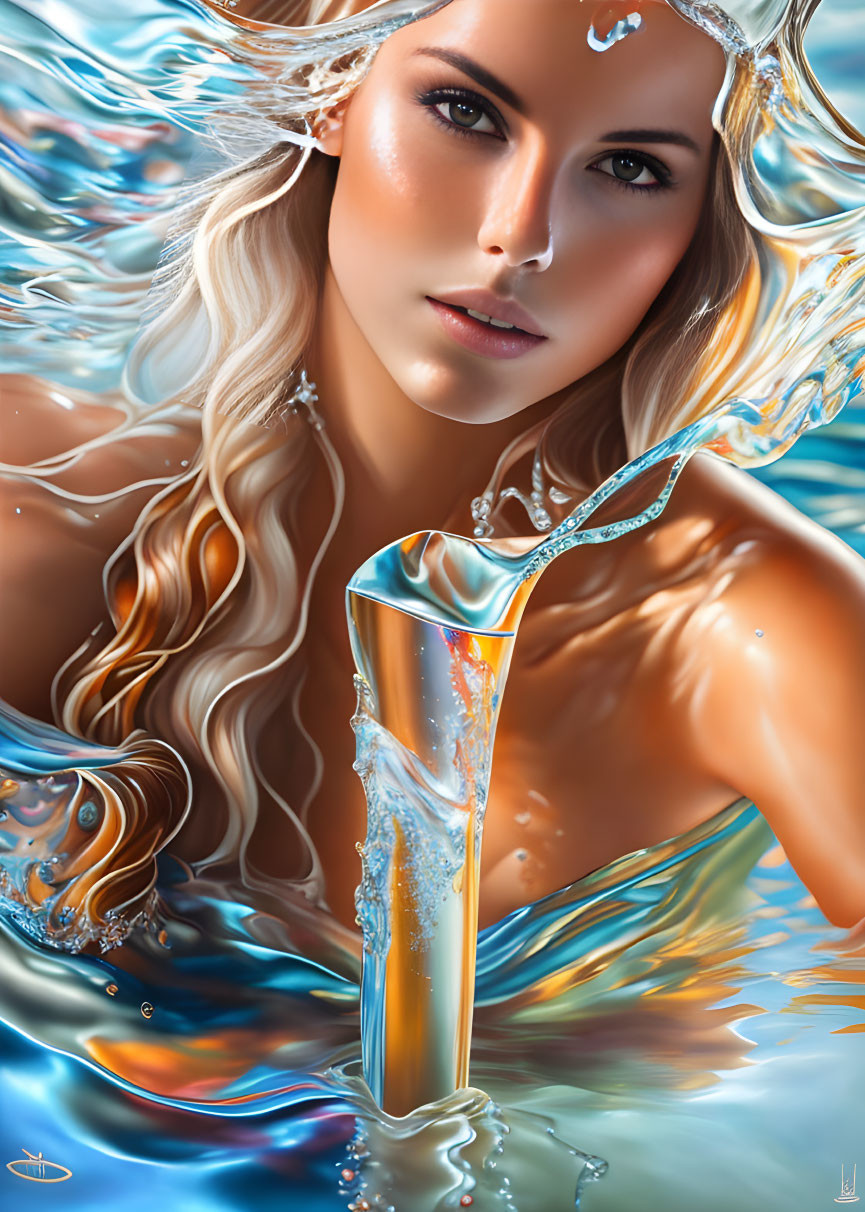 Hyper-realistic portrait of woman with blonde hair in water splash.