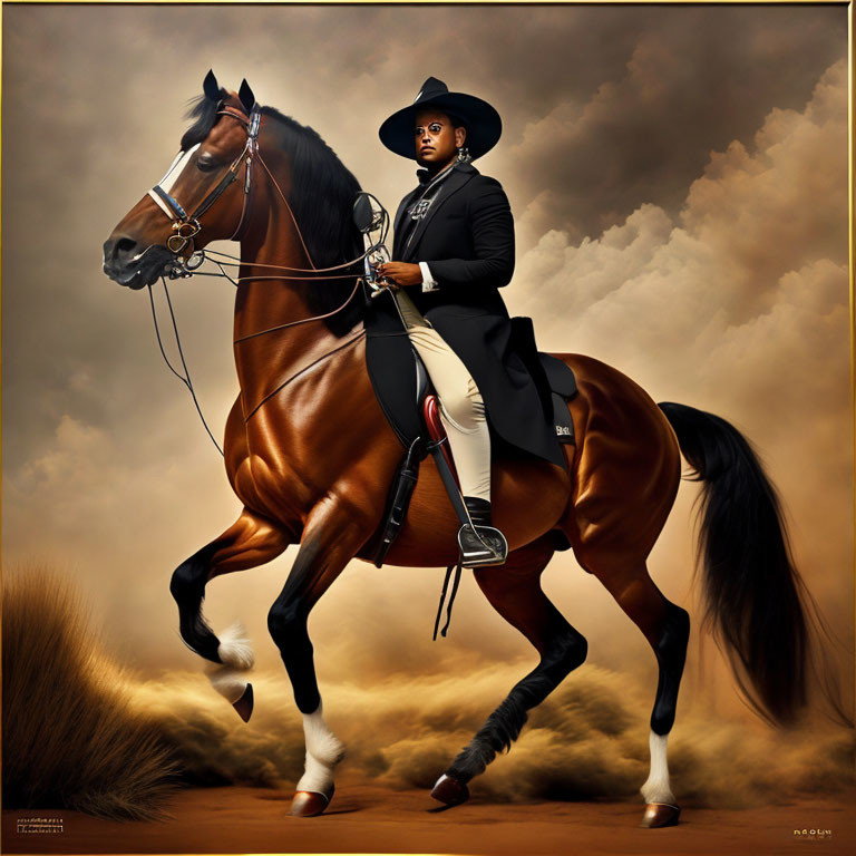 Equestrian rider in formal attire on chestnut horse under dramatic sky