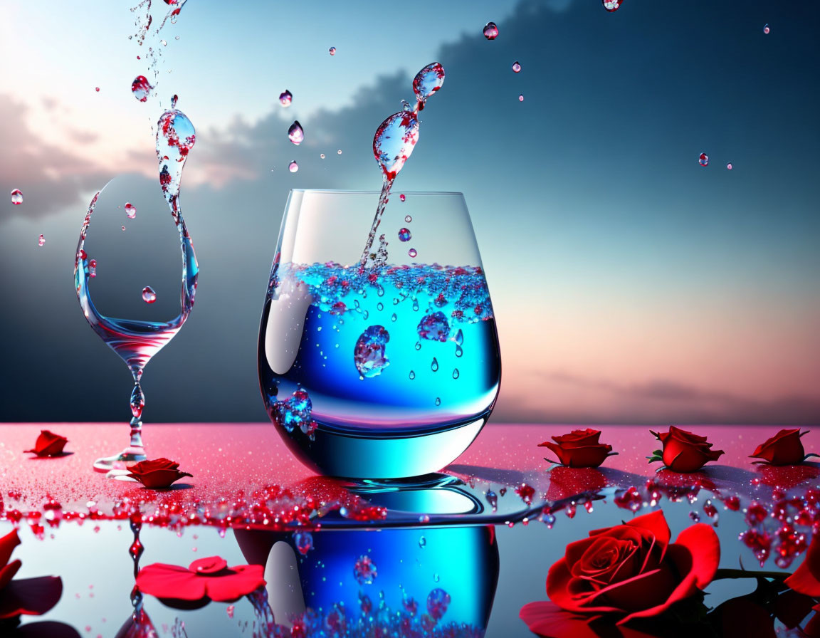 Blue liquid in tipped glass with suspended droplets, red rose petals on reflective surface