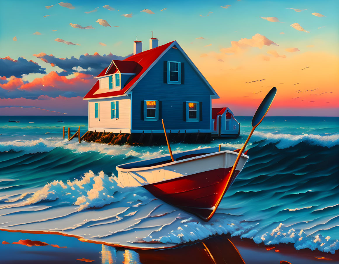 Scenic seaside painting with blue house on stilts, boathouse, rowboat, and sunset