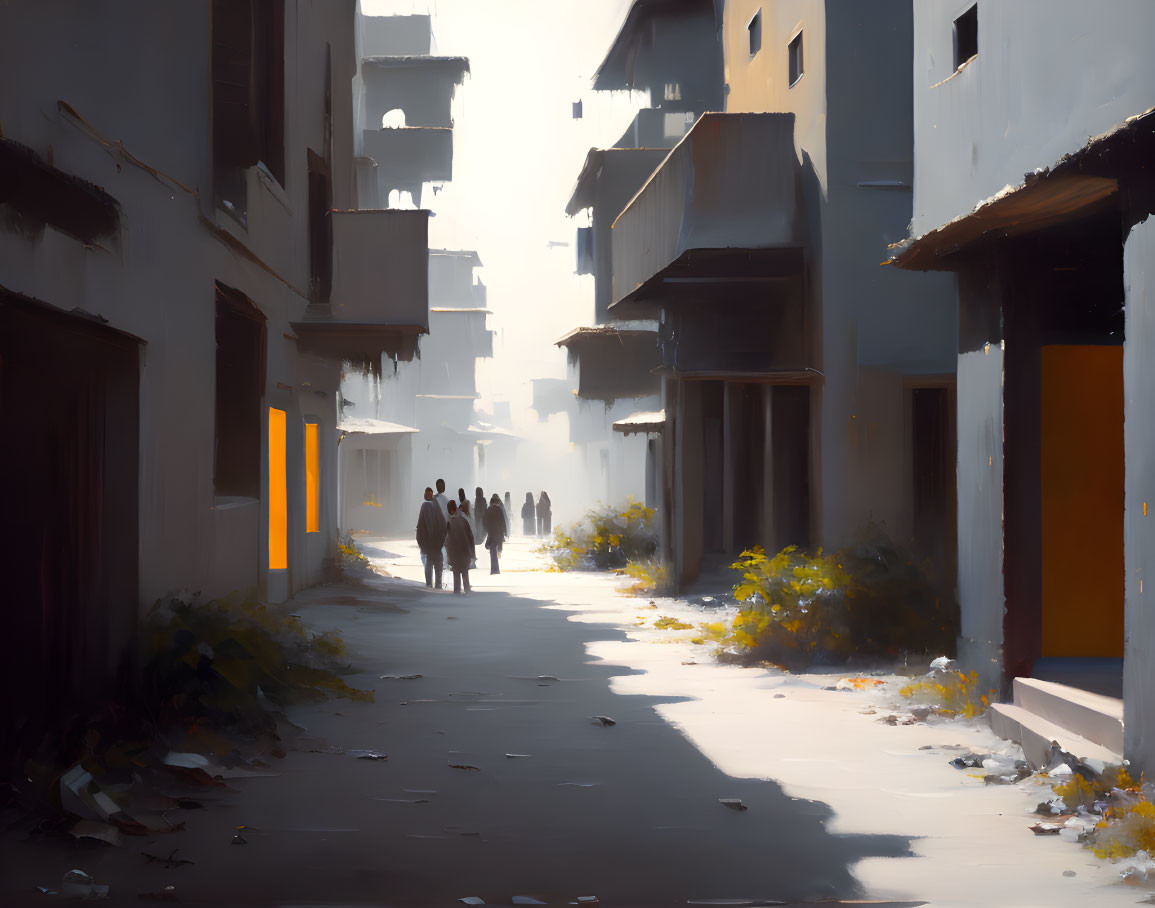 Urban street scene with people walking in morning sunlight