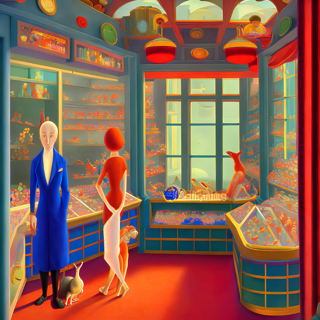 Vibrant surreal jewelry store interior with stylized humanoid figures and pet dog