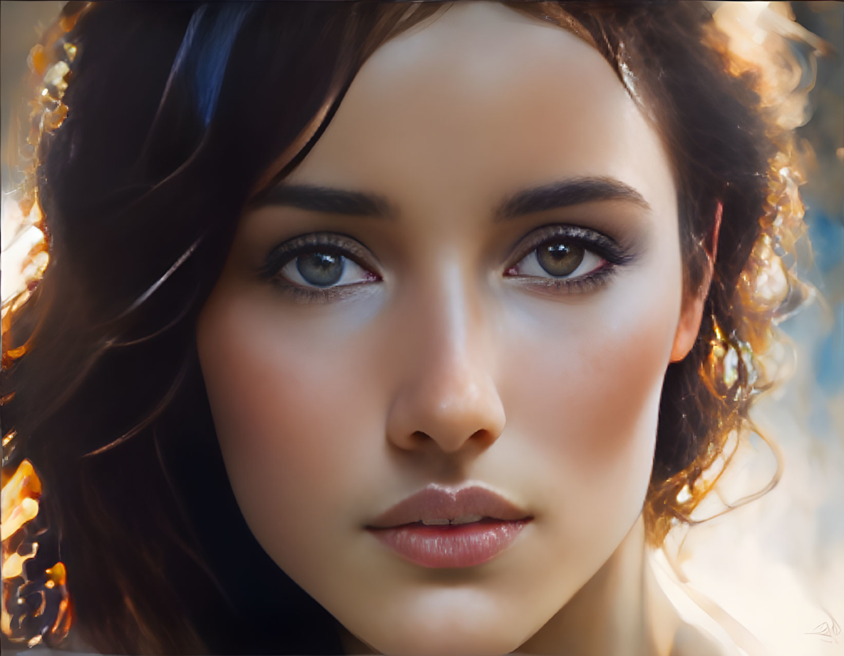 Woman with Striking Brown Eyes and Wavy Hair Backlit by Warm Golden Light