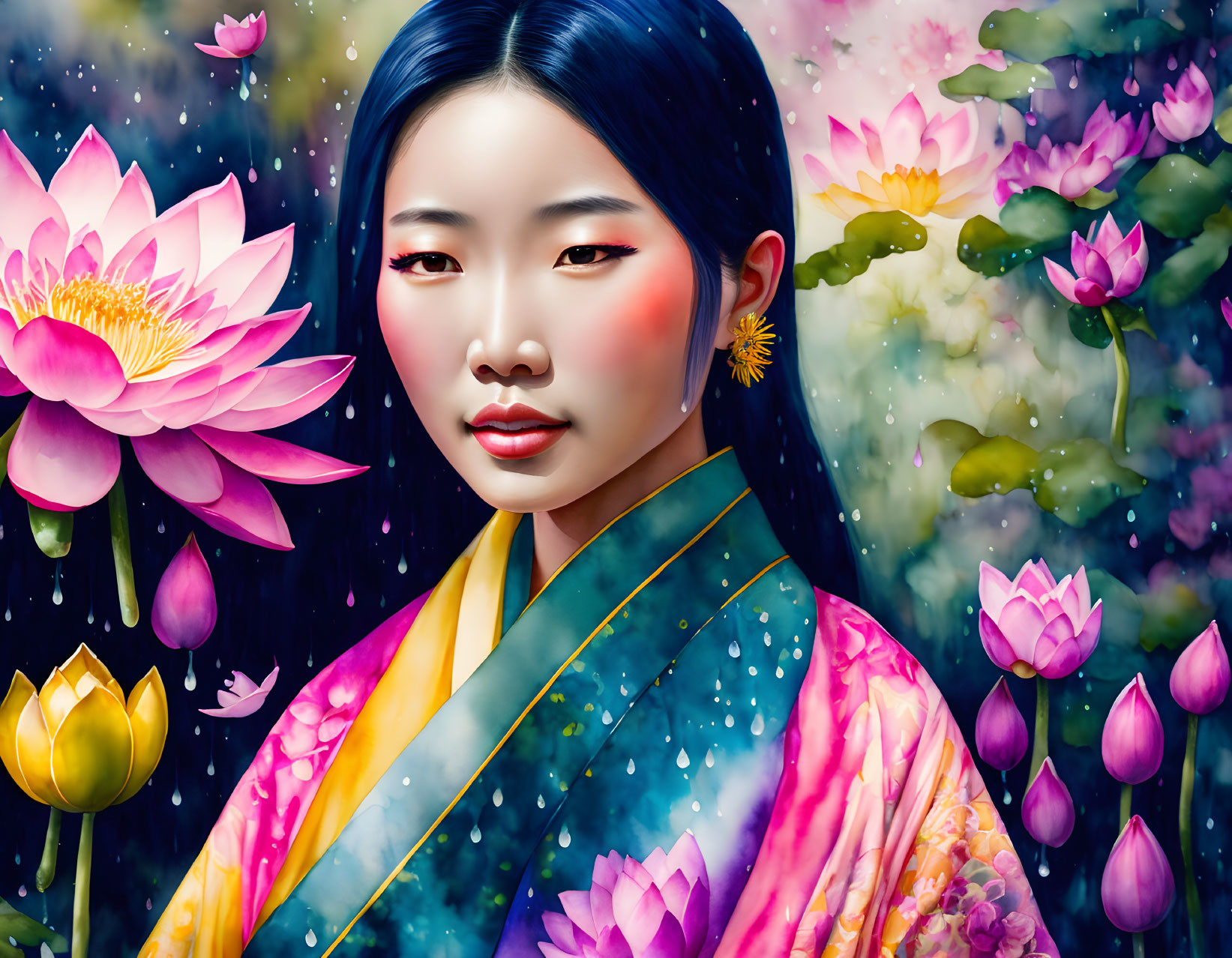 Colorful artwork of woman with flowers in traditional outfit among lotus blossoms