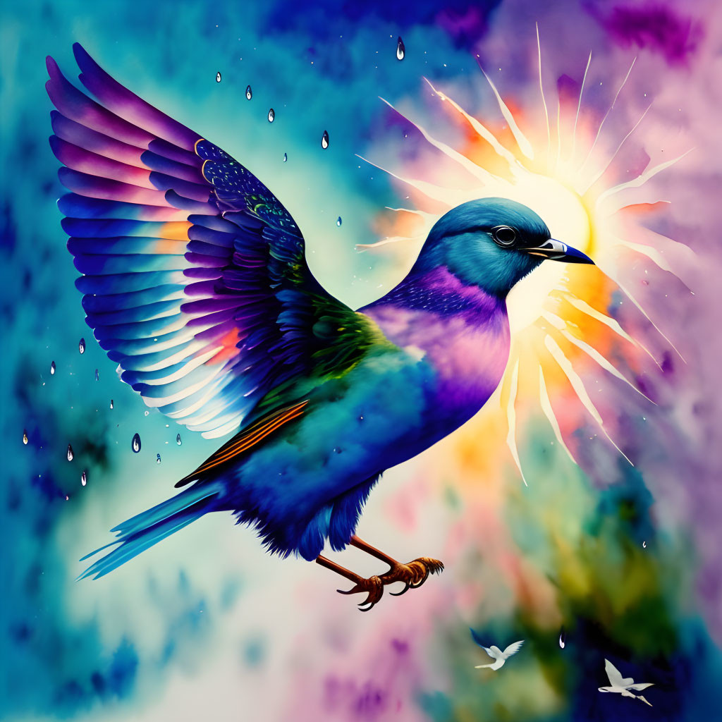 Colorful Bird Illustration Soaring in Radiant Background