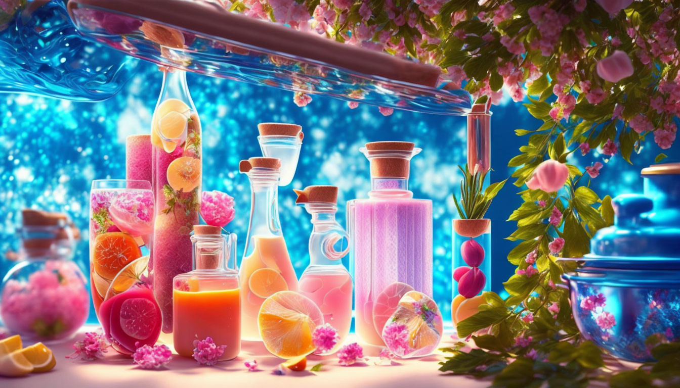 Colorful Fantasy Potions Setup with Glass Containers and Flowers