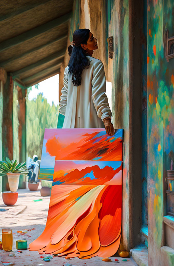 Woman standing by flowing landscape painting in vibrant sunlit corridor