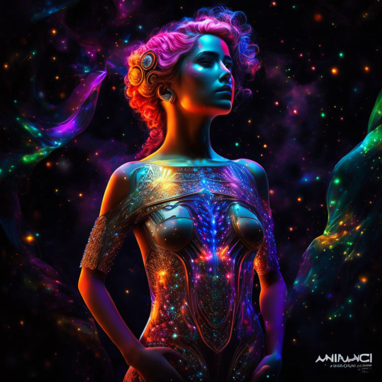 Cosmic-themed digital artwork of a woman in glowing body armor