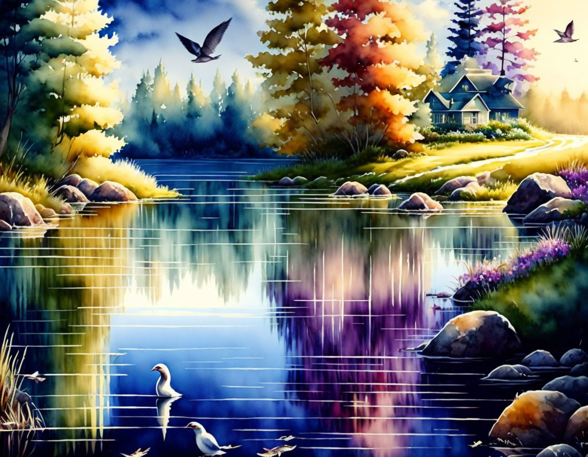 Tranquil autumn landscape with lake, ducks, cottage, and birds