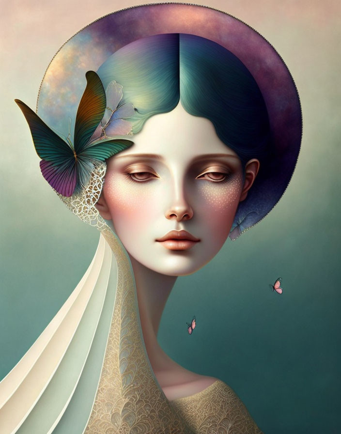 Surreal portrait of woman with halo headpiece, butterflies, lace details