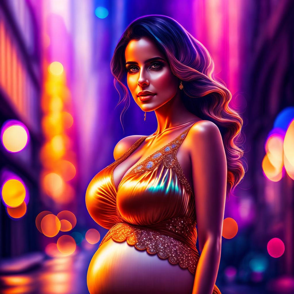 Glamorous pregnant woman in golden dress in neon-lit city alley