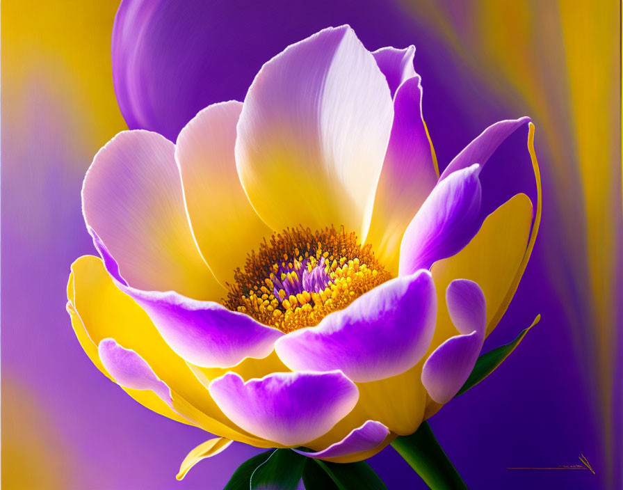 Close-up Purple and Yellow Flower with Delicate Petals on Swirling Background