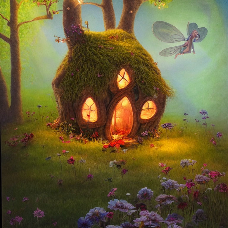 Enchanting fairy house in magical garden with glowing windows