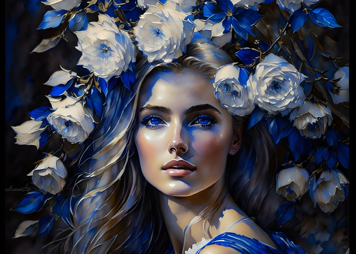 Woman Portrait Surrounded by Blue and White Flowers