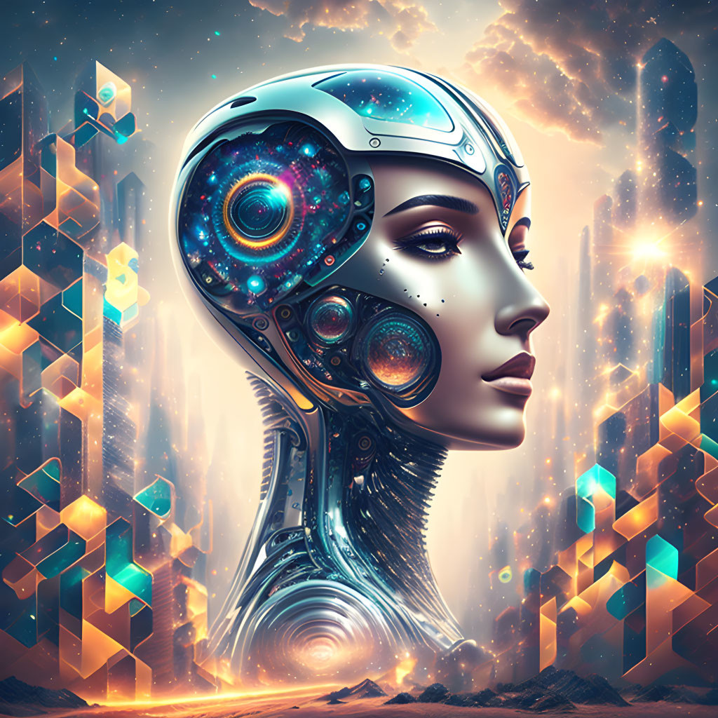 Futuristic female robot with cosmic-themed head and glowing crystalline backdrop