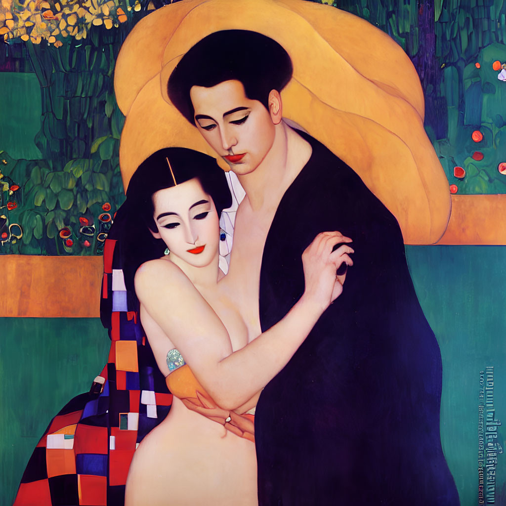 Stylized painting of couple embracing in black and cream against green backdrop